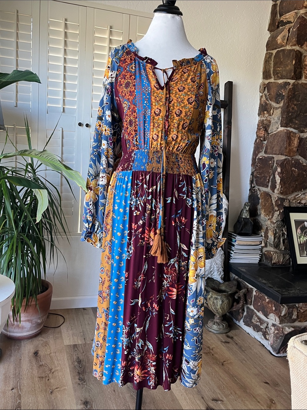 ODDY Boho Patchwork Midi Dress in Mustard, Blue & Burgundy - Picture 3 of 10